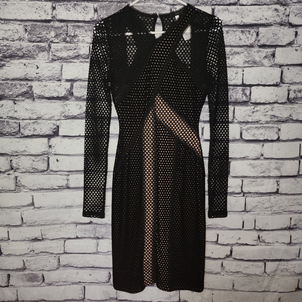 BCBGMaxAzria Black and Nude Mesh Long Sleeve Dress - XS